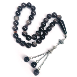 Muslim Prayer Beads 10mm 33pcs Natural Obsidian Bracelet, Tassel, Islamic Misbaha Tasbih Kehribar Tesbih Amber Rosary