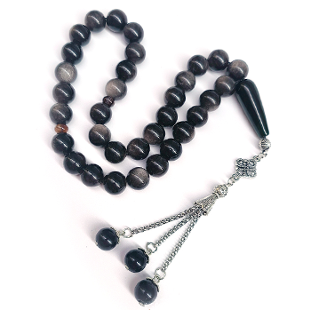Muslim Prayer Beads 10mm 33pcs Natural Obsidian Bracelet, Tassel, Islamic Misbaha Tasbih Kehribar Tesbih Amber Rosary